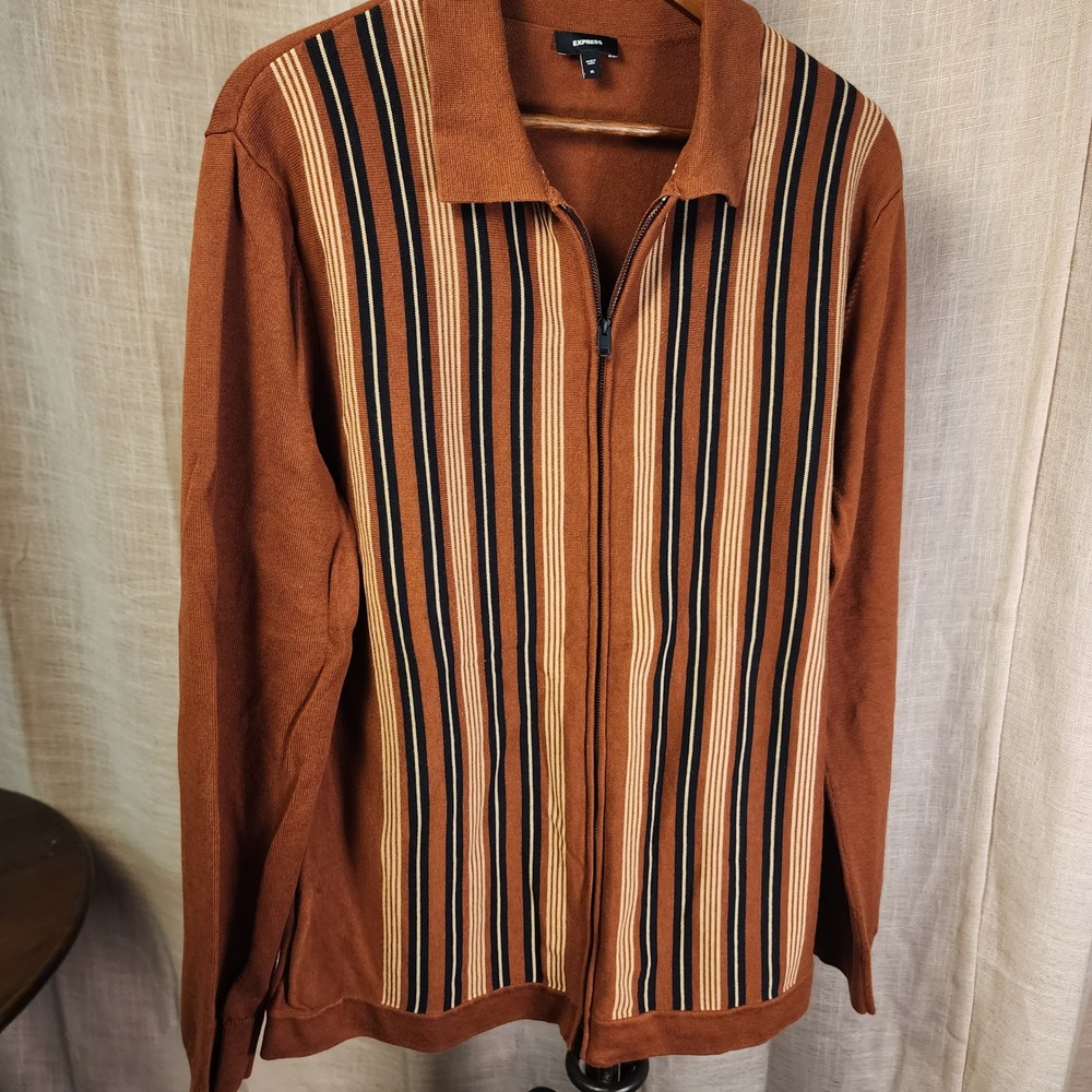 Express Mens XL Full Zip Knit Polo Sweater Orange Stripe Cotton Rayon